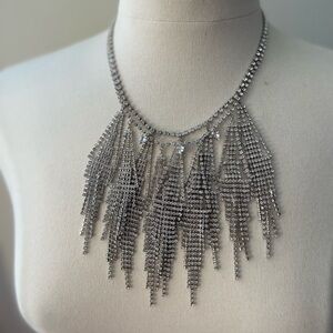 Vintage Silver Tone Clear Rhinestone Waterfall Bib Necklace 17 In Art Deco Look